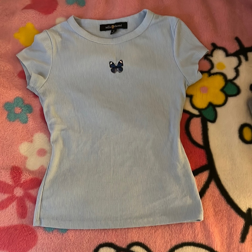 belle tweed blue butterfly crop top!!